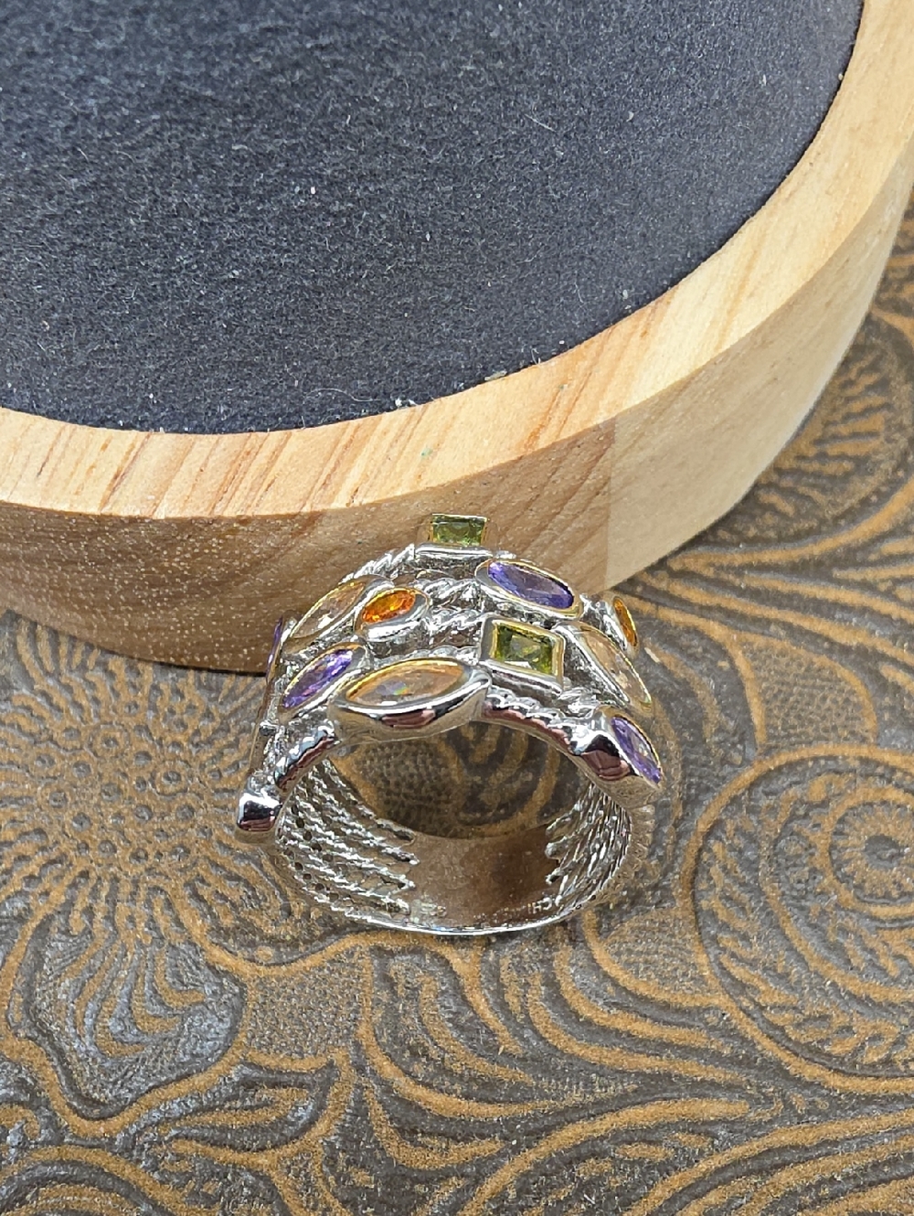 Vintage Multi-Color Confetti Oval Square Stone Multi Stack Silver Stackable Ring - Picture 6 of 7